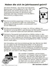 Verteilter Flyer mit viel Text zu Castor-Transporten, Urananreicherung und Brennelementefertigung